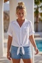 White Shirt Collar 3/4 Sleeves Buttoned Pockets Tieable Waist Brodered Back Cotton Woven Blouse 65 60 - 8