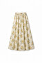 Women's Yellow Floral Patterned Viscose Elastic Waist Flared Summer Above-Ankle Skirt
