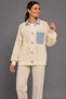 Women's Cream Openwork Knitwear Cardigan Denim Collar Detailed Knitted Jacket - 5