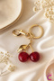Red Cherry and Gold Leaf Bag Ornament Keychain Metal - Stylish Gift for Women Car Bag Charm - 4
