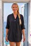 Black High Collar 3/4 Sleeve Embroidered Hem Oval Casual Cotton Woven Blouse 72 62 - 3