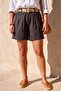 Black Pocketed Pleated Belted Elastic Waist Double Leg Casual Linen Look Woven Shorts 50 63