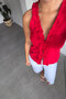 V-Neck Ruffled Blouse - Red - 4
