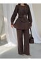 Women's Gold Buckle Bow Detailed Peplum Blouse and Wide-Leg Pants Set 3152 - Brown - 5