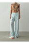 Women's Baby Blue Palazzo Trousers Elastic Waist Lace-Up Wide Leg Long Woven - 2