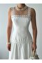 Women's Ecru Midi Dress Square Collar Lace Strap Layered Skirt Poplin Textured - 3
