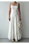 Women's Ecru Midi Dress Square Collar Lace Strap Layered Skirt Poplin Textured - 2