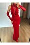 Women's Red Maxi Dress Draped Gathered Lace Detailed Sleeveless Slim Fit - 5