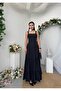 Women's Black Midi Dress Square Collar Lace Strap Layered Skirt Poplin Textured - 8