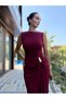 Burgundy Side Gathered Dress with Shoulder and Waist Buckles - 2