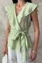 Women's Double Breasted Collar Flounce Sleeveless Belted Lyosel Blend Blouse - 4