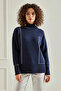 Women's Turtleneck Geometric Patterned Knitwear Navy Blue Sweater - 7
