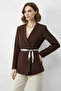 Women's Double-Breasted Collar Blazer with Scarf Belt Brown Jacket - 2