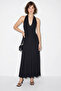 Women's Backless Halter Neck Flowy Maxi Black Dress