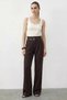Women's Double Belt Detailed Pocketed High Waist Palazzo Wide Leg Bitter Brown Trousers