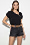 Women's Button Detailed Short Sleeve Comfortable Fit Black Blouse - 5