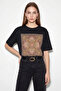 Women's Ethnic Patterned Bead Embroidered Print Detailed Oversize t Shirt Black - 2