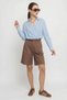 Women's High Waist Pleated Detailed Belted Bermuda Cappuccino Shorts - 4