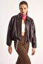 Women's Oversize Buckle Leather Brown Jacket - 3
