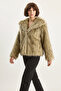Women's Wide Collar Lined Short Faux Fur Beige Black Jacket - 3
