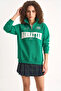Women's Embroidered Half-Zip Polo Collar Embroidered Oversize Green Sweatshirt - 5