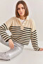 Women's Buttoned Collar Striped Knitwear Beige Black Sweater - 4