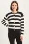 Women's Striped Bearded Knitwear Black Ecru Cardigan - 2