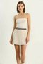 Women's Stripe Detailed Gold Buttoned V-Neck Knitwear Cardigan Pleated Mini Cream Skirt Set - 7