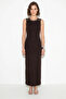 Women's Stone Embellished Crew Neck Thick Strap Ribbed Wrap Maxi Bitter Coffee Dress