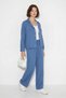 Women's Shirt Collar Balloon Sleeve Wide Leg Indigo Trousers Set - 3
