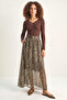 Women's Patterned Belt Detailed Lined Chiffon Maxi Brown Skirt - 5