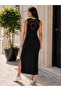 Timeless Elegance – Women's Long Black Summer Viscose Dress with Knitted Back Detail and Slit - 5