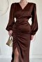 Brown V-Neck Satin Dress - 2
