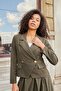 Women's Stretchy Velvet Fabric Collared Long Sleeve Double Breasted Wrap Short Office Jacket-Khaki - 6