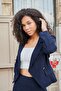 Women's Stretchy Velvet Fabric Collared Long Sleeve Double-Breasted Wrap Short Office Jacket-Navy Blue - 6