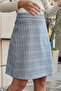 High Waist Lightweight Lycra Fabric Knee Length Bell Skirt-Light Navy Blue Plaid - 2