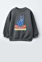 Girl's 3 Thread Fabric Cotton Cat Printed Sweatshirt