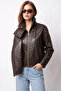 2218 Women's Stand Collar Epaulet Leather Bomber Jacket Brown - 4