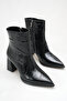 Women's Black Patent Leather Crocodile Boots Pointed Toe Thick Heeled Zippered Stylish Ankle Boots - 2