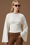 Asnow Slim Fit Waist-Fitted Wide Long Sleeve Natural Viscose Blended Textured Jacquard Y2K Top & Women's Blouse - Ecru - 3