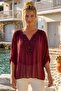 Italian Burgundy Lace Collar 3/4 Sleeve Lined Elastic Waist Sequined Silk Woven Blouse 65 70 - 8