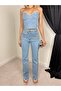 Women's Blue Bustier Trouser Set Stone Detailed Strapless Crop Denim High Waist - 3