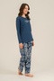 Women'S, Navy Blue, Patterned, Long Sleeve Pajama Set (with Socks as a Gift) - 5