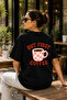 Premium but First Coffee Printed Black Oversize T-Shirt Plaid Coffee Cup Patterned Unisex T-Shirt