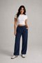 Women's Navy Blue High-Waisted, Linen Textured Gabardine, Elastic Waist, Lace-Up, Pocketed, Comfortable Cut Pants - 3