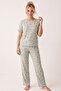 Green Patterned Cotton Ribbed Camisole Knitted Pajama Set 26120402 - 2