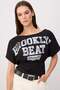 Black Slogan Printed Fitted/Asymmetrical Stretch Knitted T-Shirt Twoss26Ts00293 - 5
