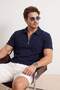 Navy Blue Regular/Comfortable Zippered Textured Fabric Knitted Polo Collar T-Shirt Tmnss26Po00045 - 2