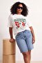 Ekru %100 Süprem Baskılı Oversize/Rahat Kesim Örme Büyük Beden T-Shirt TBBSS25BF00082