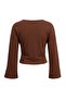 Kahverengi Düz Fitted V Yaka İspanyol Kol Crop/Kısa Pamuklu Esnek Örme Bluz TWOAW27BZ00079 - 3